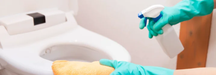 Person reinigt Toilette mit Tuch und Sprühflasche